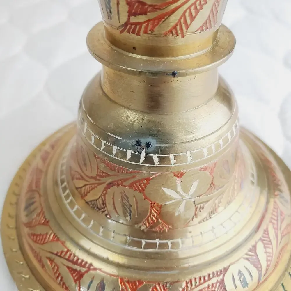 Antique Brass Hookah Base Pot Original Old Hand-Crafted Etched Floral Design Red